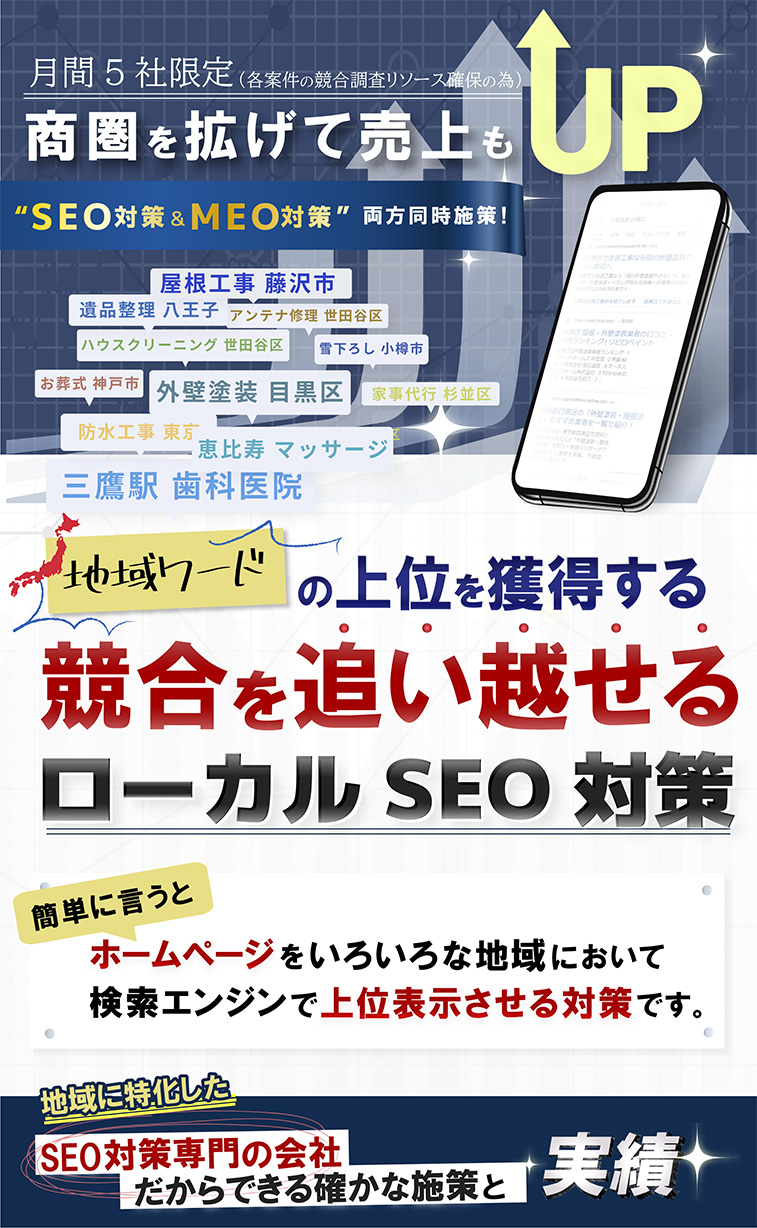 商圏を広げて、売上もUP！地域ワードの上位を獲得する、競合を追い越せるローカルSEO対策。ホームページをいろいろな地域において検索エンジンで上位表示させる対策です。地域に特化したSEO対策専門の会社だからできる確かな施策と実績